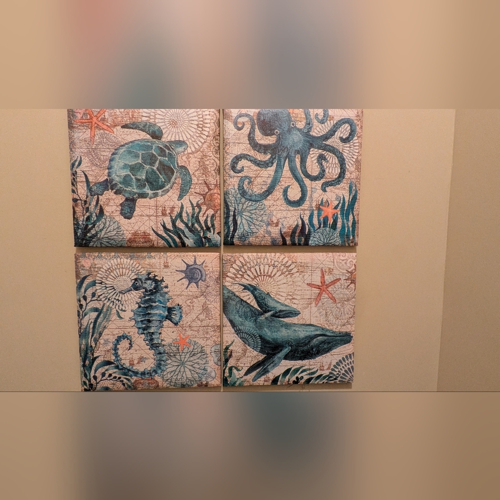 Oceanic Creatures Wall Art Set - Blue and Tan